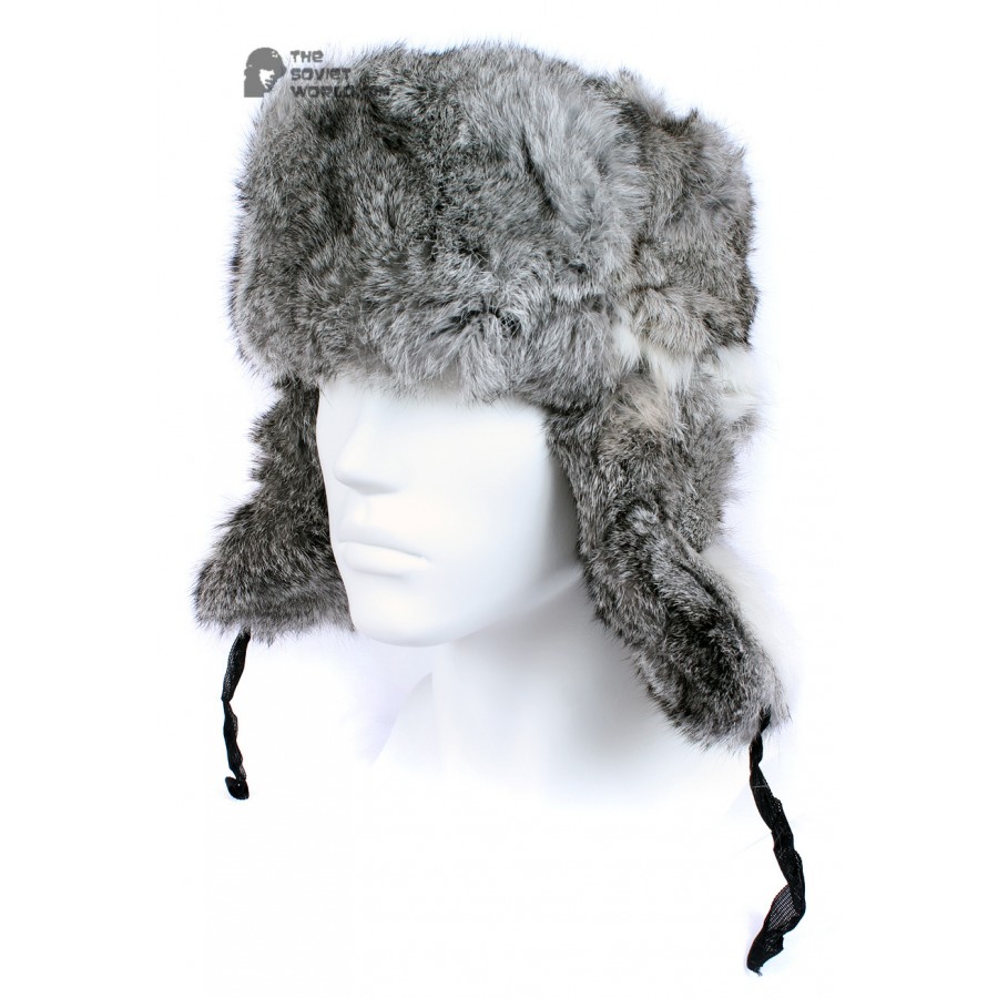Russian / Soviet original vintage Gray Rabbit fur winter hat Ushanka earflaps