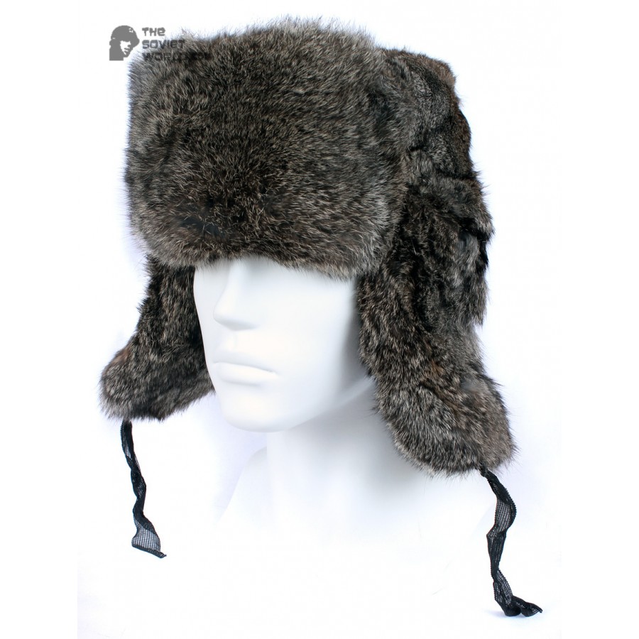 Russian / Soviet original vintage Brown Rabbit fur winter hat Ushanka earflaps