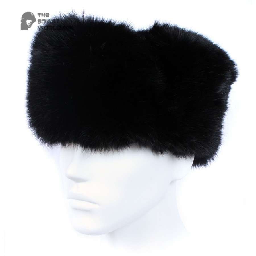 Russian / Soviet original vintage Black Rabbit fur winter hat Ushanka earflaps