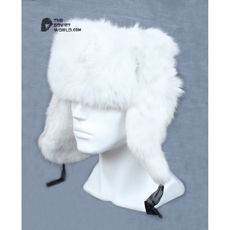 Russian / Soviet original vintage White Rabbit fur winter hat Ushanka earflaps