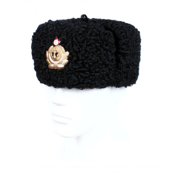 Soviet Russian Naval Admiral winter original black Astrakhan fur and leather Ushanka hat earflaps