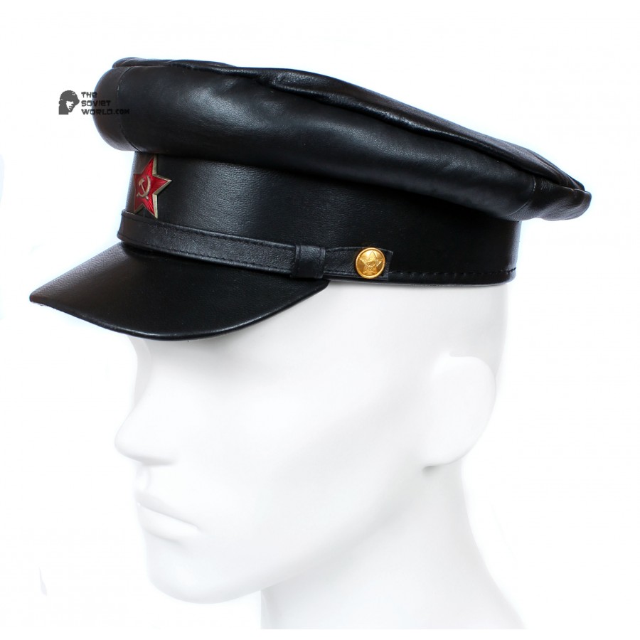 Exclusive soviet natural leather russian NKVD type black visor hat called "Komissarka"