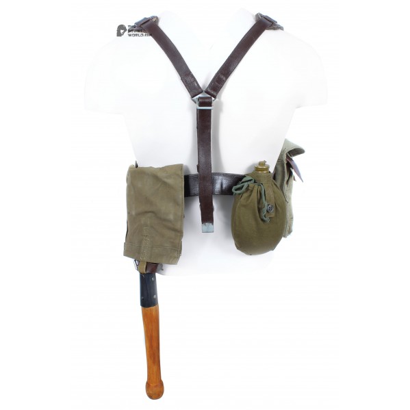 Original Soviet Army set of shoulder belt Suspenders, Bag for grenades,  Water Flask, Ammo Bag AK-47 & AK-74, Sappier Shovel, Raincoat