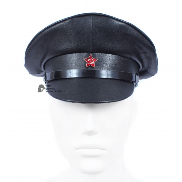 Soviet red army Officer's black leather field visor cap summer rare military hat