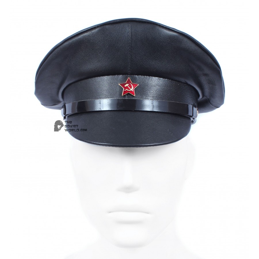 Soviet red army Officer's black leather field visor cap summer rare military hat