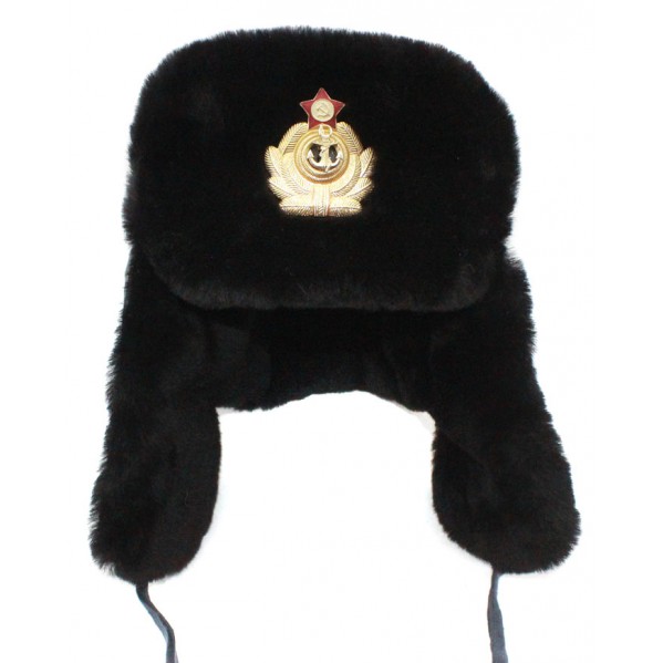 Soviet army Russian Naval Officer genuine fur and leather winter black trapper hat Ushanka earflaps