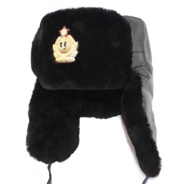 Soviet army Russian Naval Officer genuine fur and leather winter black trapper hat Ushanka earflaps