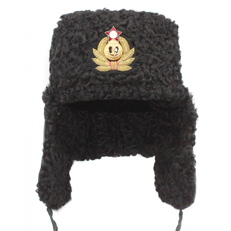 Soviet Russian Naval Admiral winter original black Astrakhan fur and leather Ushanka hat with handmade golden thread Cocarde