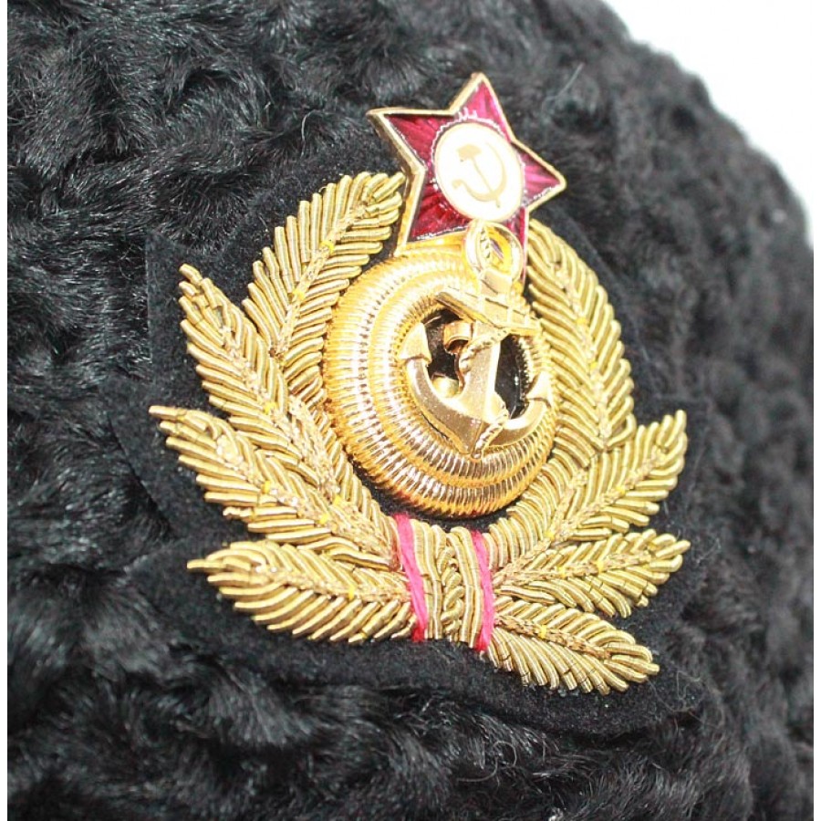 Soviet Russian Naval Admiral winter original black Astrakhan fur and leather Ushanka hat with handmade golden thread Cocarde