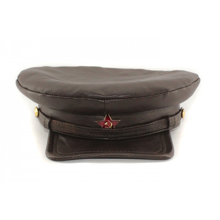 Exclusive soviet natural leather russian NKVD type brown visor hat called "Komissarka' 