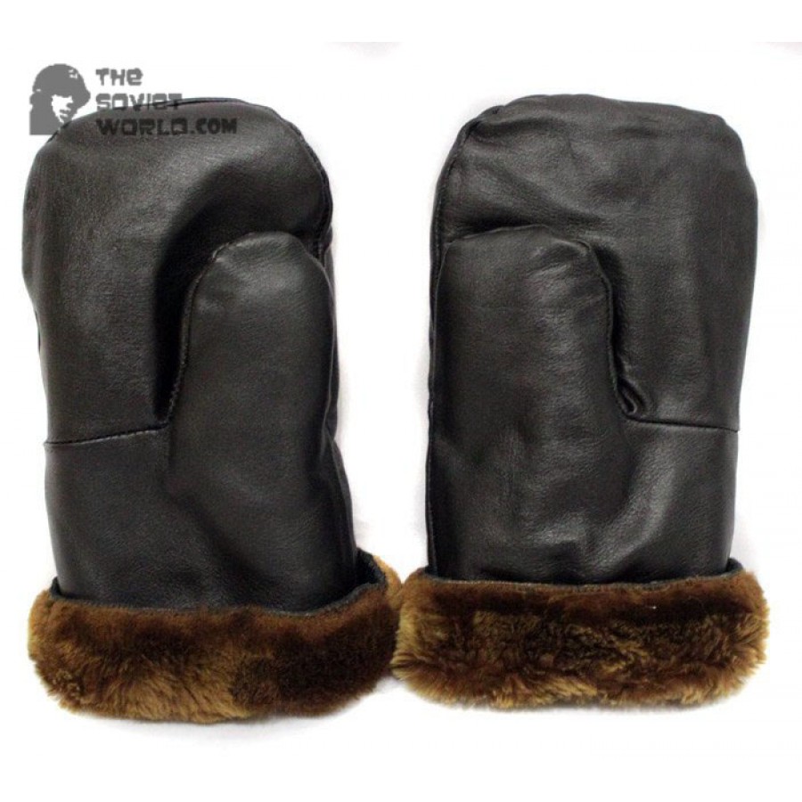Military Officer's Leather and natural Fur Soviet extremely warm winter black Gloves
