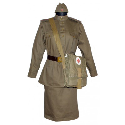Red Army WW2 Soviet Nurce woman military khaki uniform M43 Gimnasterka & Skirt with Sanitary Bag and Pilotka hat